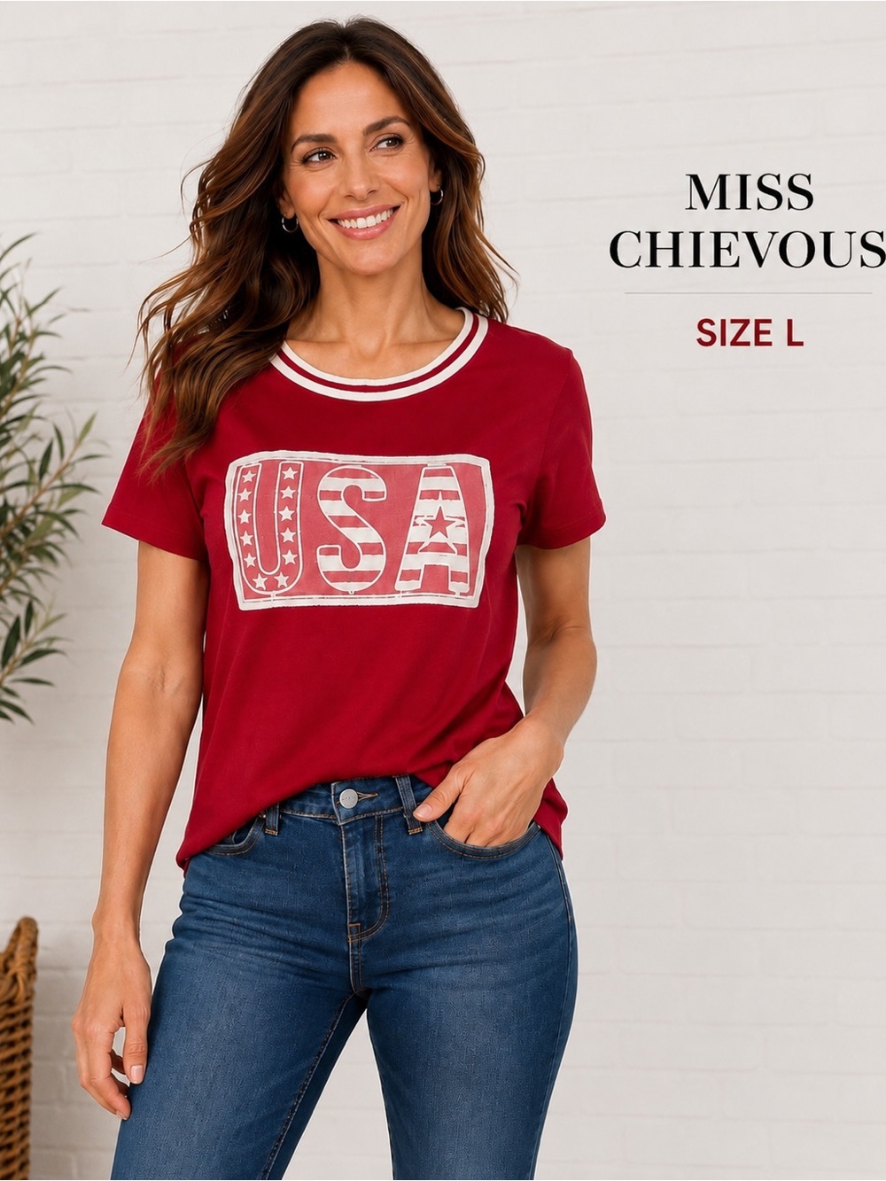 Miss Chievous USA Graphic Tee Red Short Sleeve Cotton Top Size L